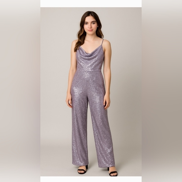Anthropologie Pants - NWT!Anthro Sequin Cowl Neck Wide Leg Women's Chic Ranna Gill Purple Jumpsuit XS